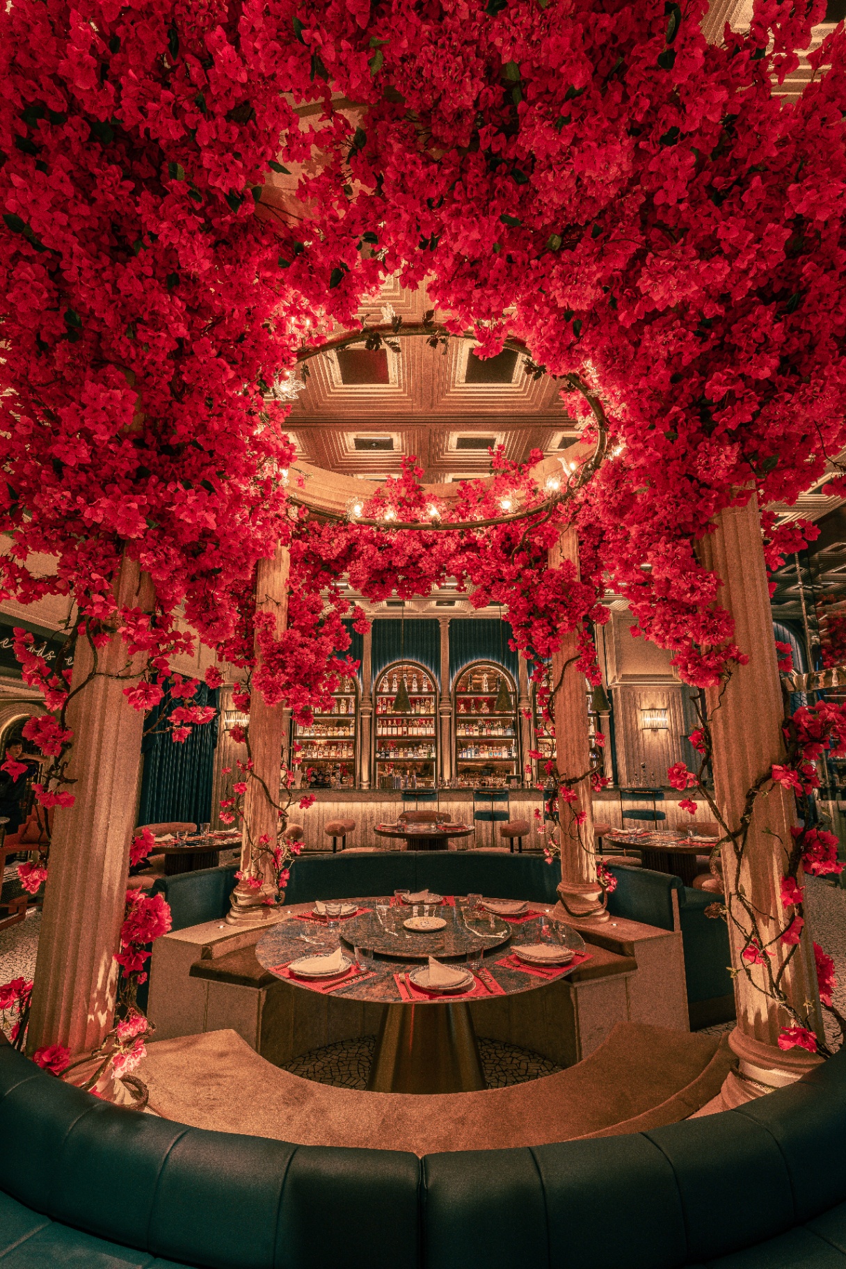Bougainvillea canopy over the central dining circle