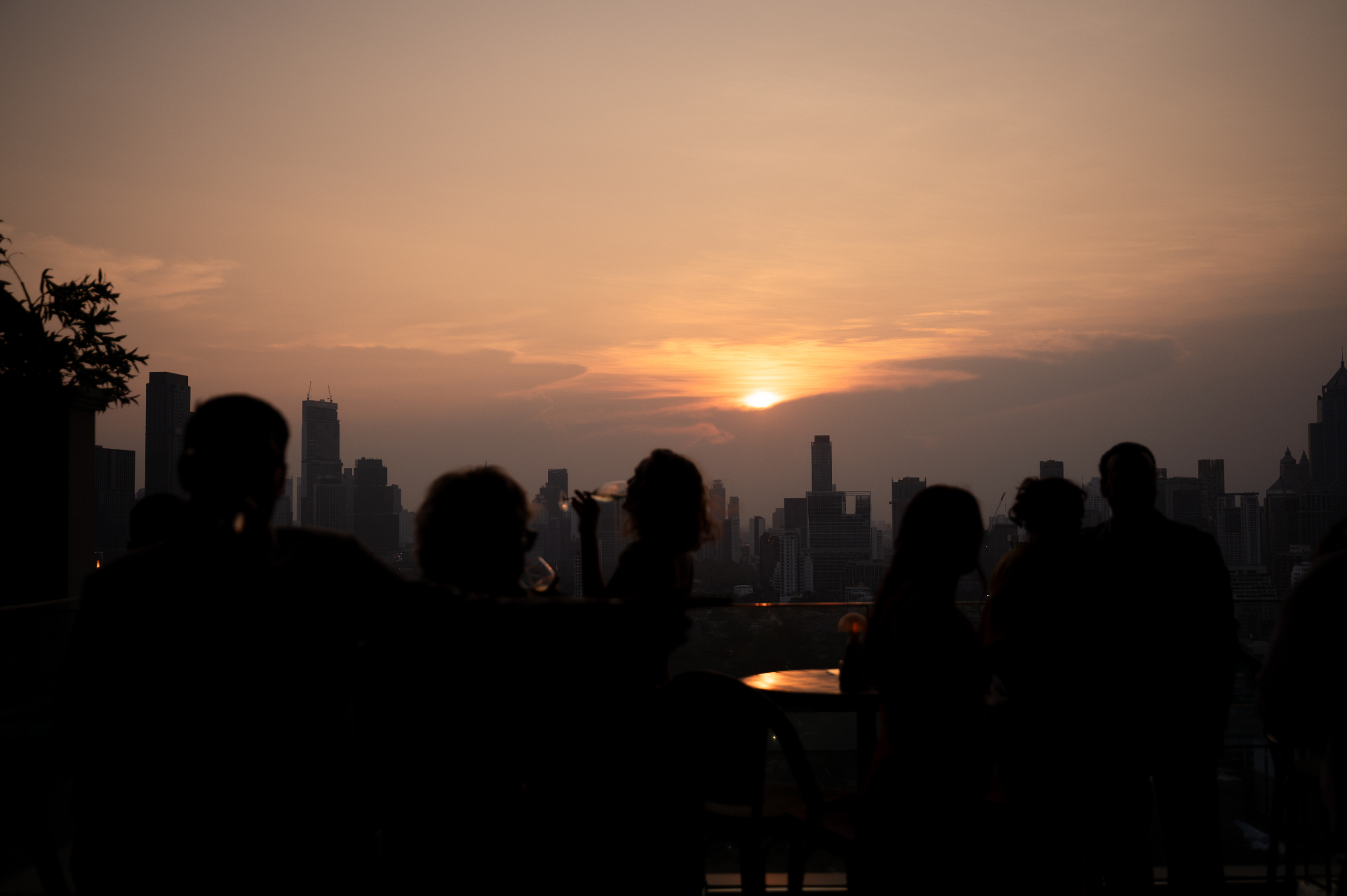 Guests on the rooftop at golden hour