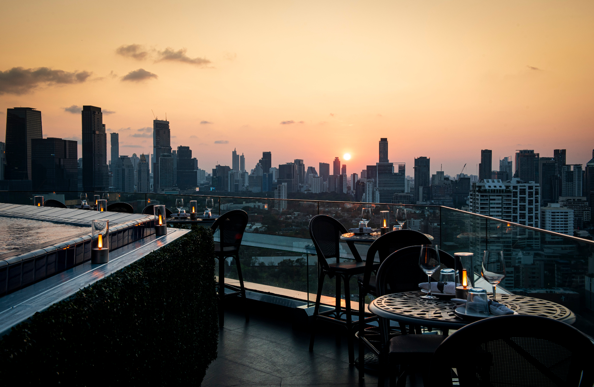 Rooftop terrace with skyline sunset views